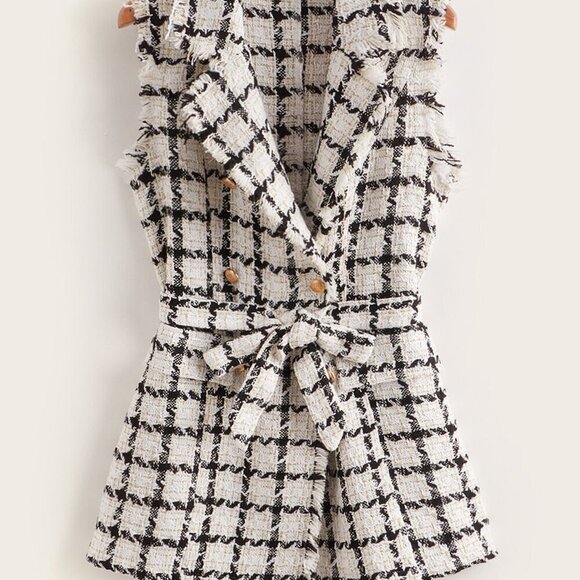 Jackets & Blazers - Multicolor Elegant Women's Plaid Pattern Raw Trim Belted Tweed Vest Overcoat